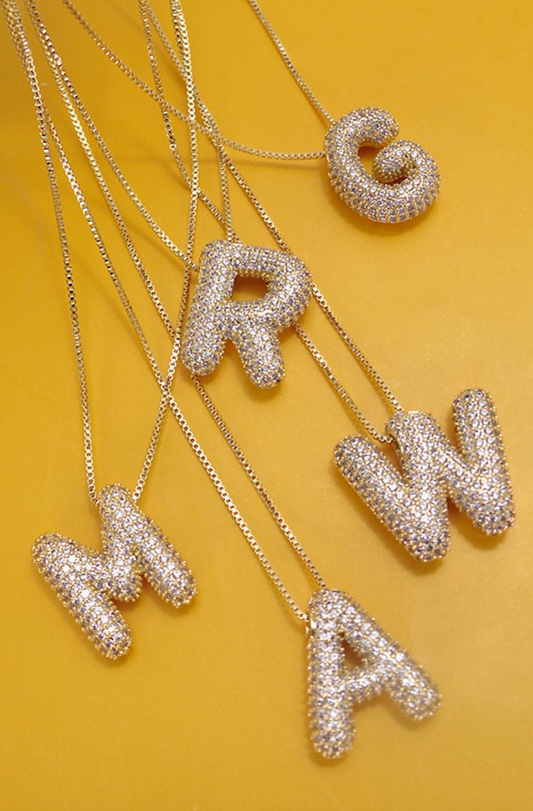 Initial Pave Rhinestone Bubble Balloon Necklace