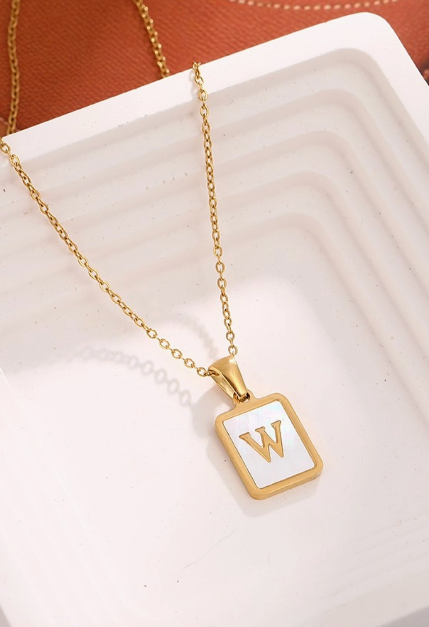 Mother of Pearl Stainless Steel Initial Tag Necklace